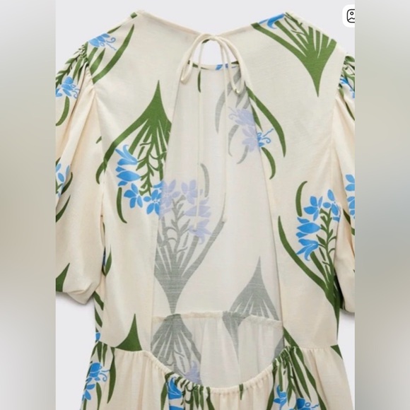 Zara Cream Backless Dress with Green and Blue Floral Design Medium - Picture 3 of 7